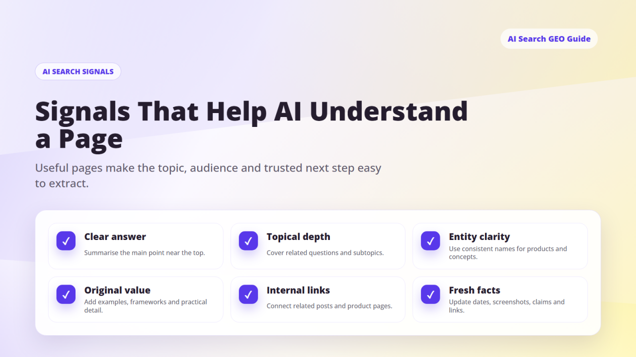 AI search content signals for GEO including clear answers, topical depth, entity clarity, original value, internal links and fresh facts.