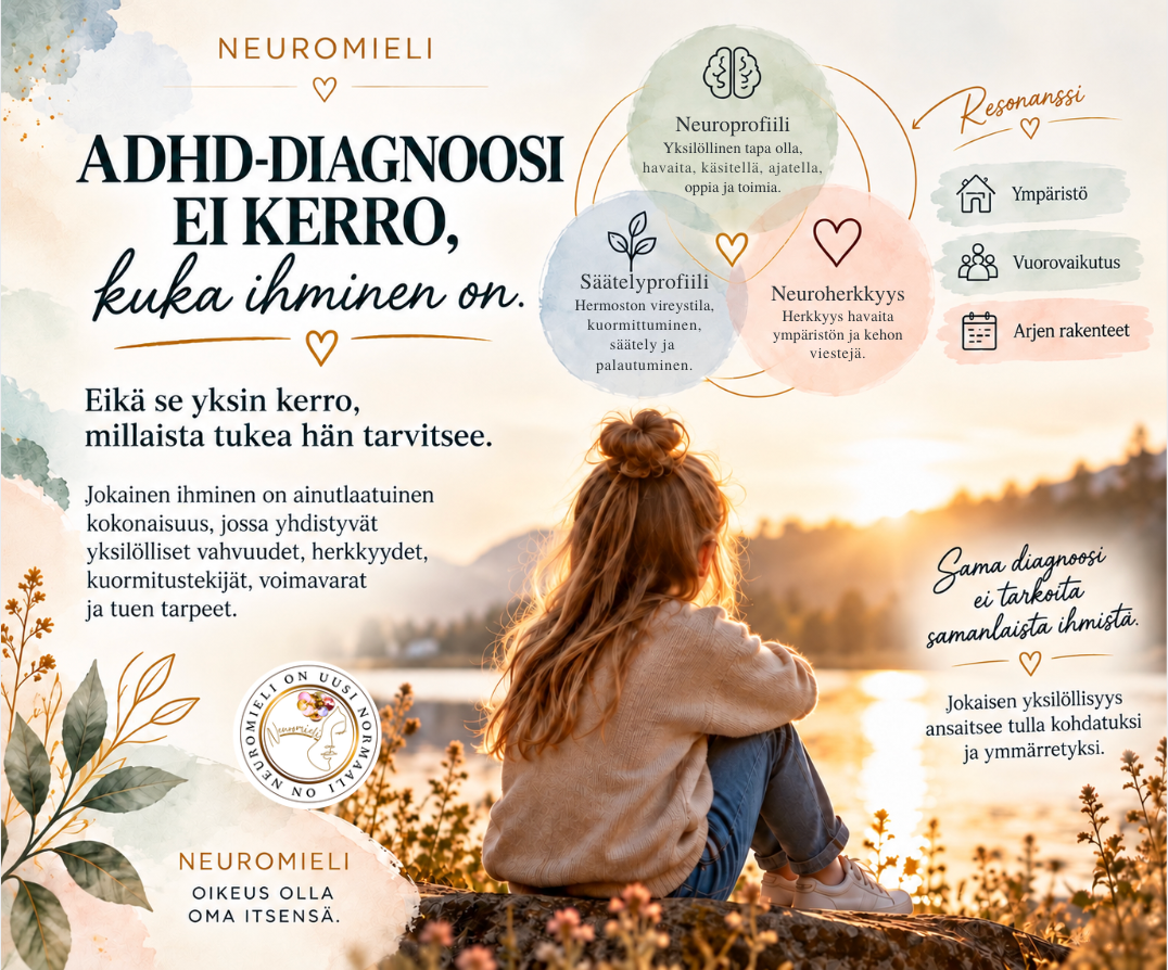 ADHD-diagnoosi ei kerro, kuka ihminen on. Neuromielen kuvassa neuroprofiili, säätelyprofiili ja neuroherkkyys yhdistyvät ympäristöön, vuorovaikutukseen ja arjen rakenteisiin.