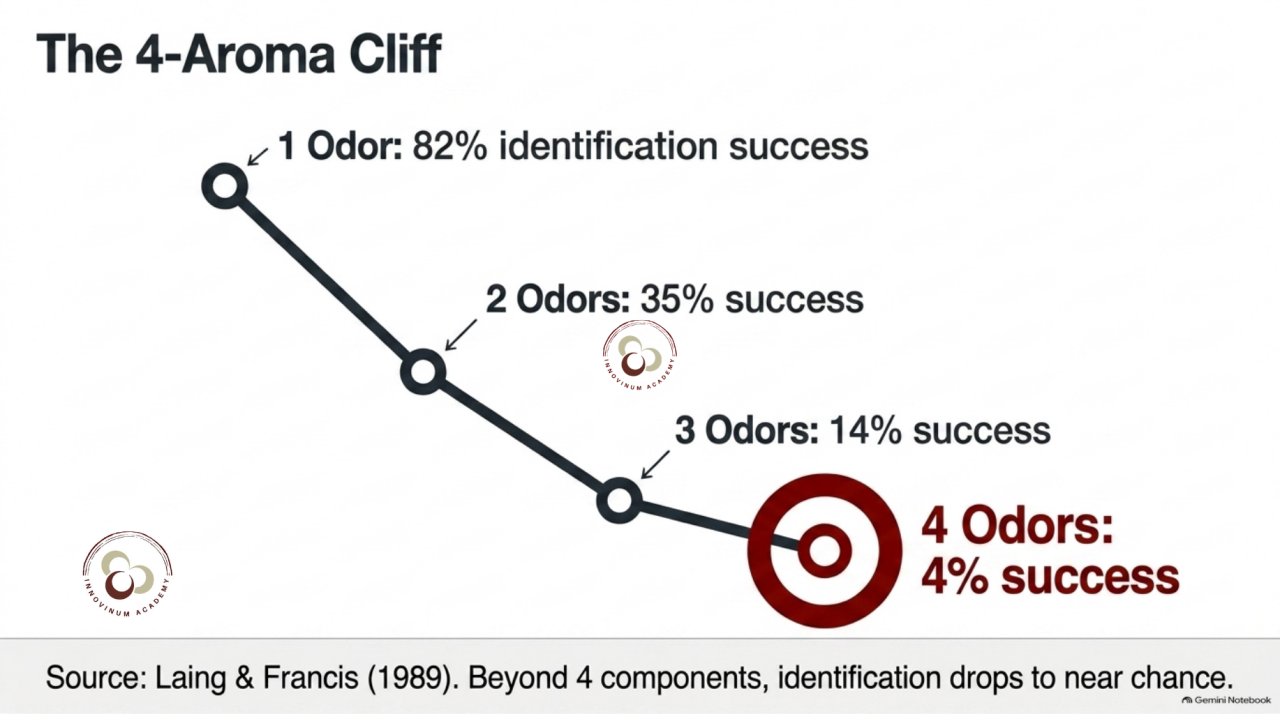 A line graph showing the decline in aroma correct identification from the Laing and Francis study
